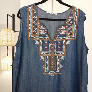 GIVEN KALE Embroidered Denim-Look Sleeveless Boho Dress. Plus Size 1X